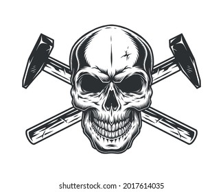 Vintage concept of skull and crossed hammers in monochrome style isolated vector illustration