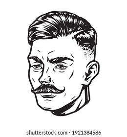 Vintage-Konzept des stylischen Typen Kopf mit Schnurrbart und trendigem Friseur einzelne Vektorgrafik