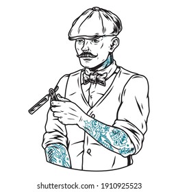 Vintage concept of tattooed mustached barber in irish cap with straight razor isolated vector illustration