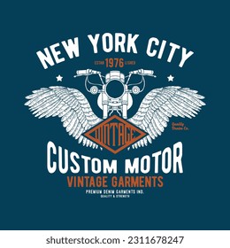 vintage concept tee print design with motorcycle and wings drawing as vector