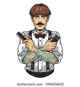 Vintage concept of trendy tattooed barber wearing irish cap bow tie shirt trousers with suspenders and holding hair clipper and comb isolated vector illustration