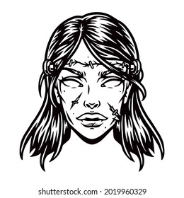 Vintage concept of zombie girl head in black and white colors isolated vector illustration