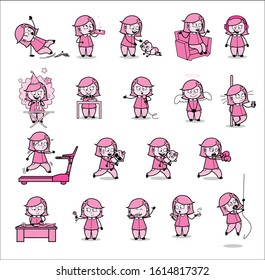 Vintage Concepts with Cartoon Housewife - Set of Concepts Vector illustrations