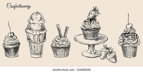 Vintage confectionery sketches: cherry muffin, strawberry cupcakes, ice cream.