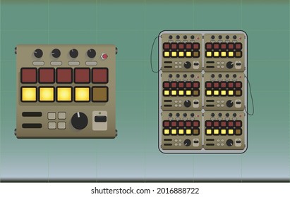 Vintage console with buttons and potentiometers. Post-apocalyptic vintage mainframe computer concept art. set of mixing consoles with cables against the cyberpunk grid