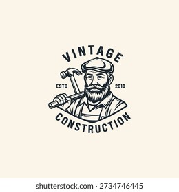Vintage Construction Worker Logo Emblem with Bearded Craftsman and Hammer