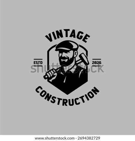 Vintage Construction Worker Logo Emblem with Bearded Craftsman and Hammer
