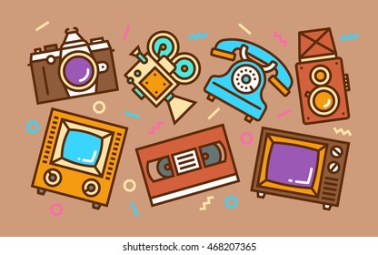 Vintage Consumer Electronics Concept Line Art Bright Colors Illustration. Contemporary Trendy Vector Icons.