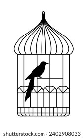 Vintage container with swirls and decorative elements for bird. Isolated birdie in cafe silhouette, caged avian animal with long tail and soft feathers plumage. Vector in flat style illustration