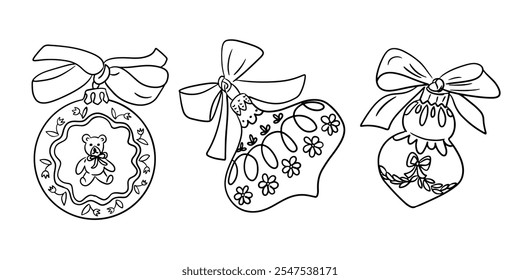 Vintage contour doodle Christmas ornaments with intricate designs, bow. Perfect for coloring books, holiday decor, and creative projects. Vector hand drawn composition