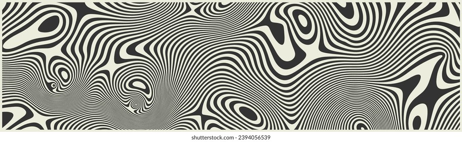 Vintage contrast abstract banner design with detailed realistic optical interference and liquid rippled effect. Illusion of movement. Vector illustration