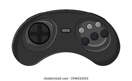  Vintage controller with six buttons. Retro gamepad, joypad, input device for old video game console. Vector illustration. Flat image isolated on white background.