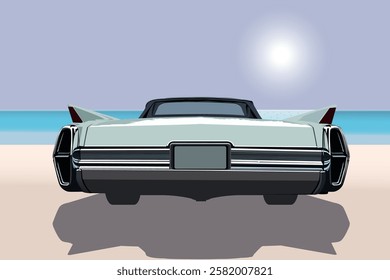 a vintage convertible car sits on a sandy beach, against the backdrop of a calm ocean, a full moon and a moonlit path on the water