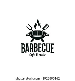 Vintage Cook Cooking, Grill, Barbecue with crossed fork, spatula and fire flame for restaurant bar logo design