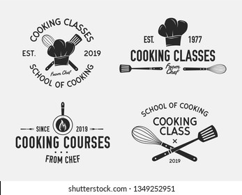 Vintage Cooking Emblems. Cook And Food Labels, Emblems, Logo. Culinary School, Food Studio, Cooking Courses. Vector Cooking Logo Set. Logo Template.