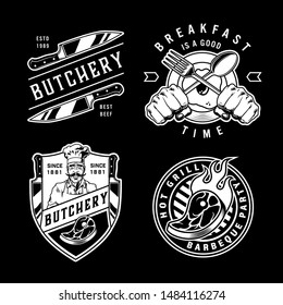 Vintage cooking emblems set with knives butcher fiery steak omelette male hands holding crossed fork and spoon in monochrome style isolated vector illustration