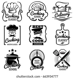 Vintage cooking in kitchen classes vector silhouette labels. Cook workshop emblems. Gourmet logos collection, illustration of cooking label for school or classes