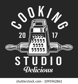 Vintage cooking label template with metal grater rolling pin and inscriptions in monochrome style isolated vector illustration