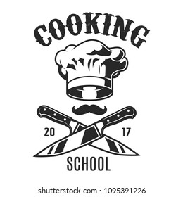 Vintage cooking logo with crossed knives chef hat and mustache isolated vector illustration