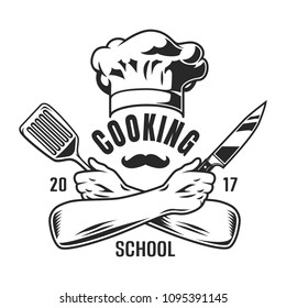 Vintage cooking logo with hat crossed chef hands holding knife and spatula isolated vector illustration