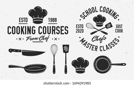 Vintage Cooking logo with cooking utensils. Cooking class logo template with knife, cooking pan, chef's cap. Emblem set for Culinary school, food studio, culinary courses. Vector illustration