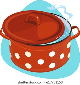 Vintage cooking pot with polka dot ornament and boiling water. Isolated. On blue background.