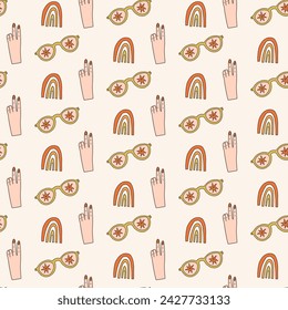 Vintage cool vibes seamless pattern. Sunglasses with eye, rainbow, good sign hand wallpaper background