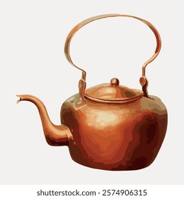 Vintage copper kettle with a curved spout and handle. Copper kettle shines with a warm glow. Classic design makes this copper kettle a timeless piece. Vintage illustration isolated on white, vector.