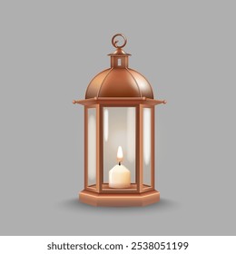 Vintage copper lantern. Realistic luminous lamp on gray background