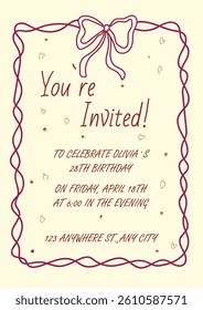 Vintage Coquette Aesthetic Hand Drawn Frame  With Bow Doodle Happy Birthday Invitation Poster Event Outline Isolated Vector Design