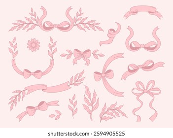 Vintage coquette aesthetic pink ribbon bow with plants set. Romantic girly vibe. Vector illustration. Isolated Trendy accessories elements on white background 