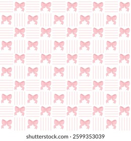 Vintage Coquette aesthetic pink ribbon bow in frame seamless pattern on cell background. Trendy flirty patterned drawing backdrop. Vector illustration
