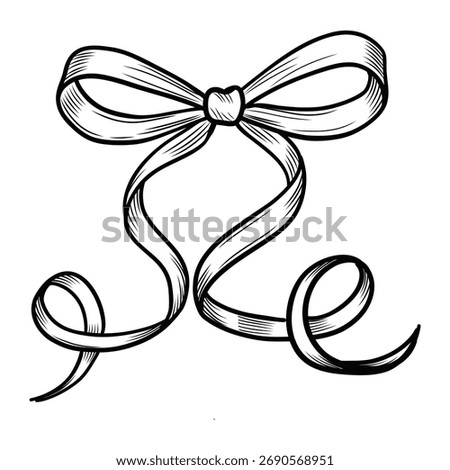 Vintage coquette  bow hand-drawn vector illustration. Whimsical accessory silhouette in sketch style. Line art clip art black and white retro engraving.