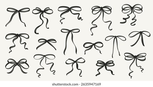 Vintage Coquette Bows in Hand-Drawn Whimsical Style Ribbon Set, Cute Flirtatious Bows Clipart Collection Perfect for Gift Illustration or Retro Vector Design.