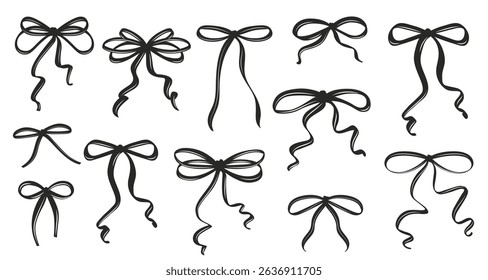 Vintage Coquette Bows in Hand-Drawn Whimsical Style Ribbon Set, Cute Flirtatious Bow Clipart Collection Perfect for Gift Illustration or Retro Vector Design.