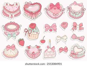 Vintage Coquette Cake Sticker Set, Vector Illustration