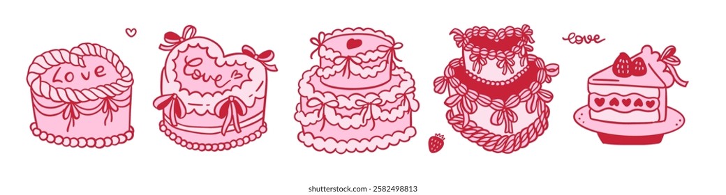 Vintage Coquette Cakes set - vintage wedding, birthday sweet Hearts, Pink Valentines day Clip Art. Hand drawn vector illustration.