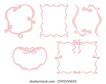 Vintage Coquette Frame with Bows and Ribbons Set. Romantic Pink Girly Vibe. Vector illustration. Isolated Trendy aesthetic Template for wedding, birthday, party invitations