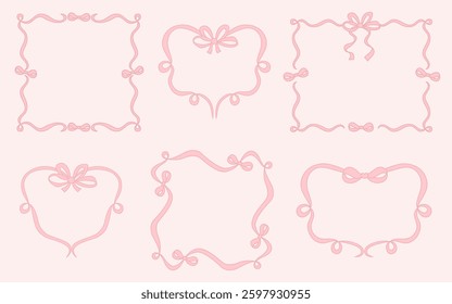 Vintage Coquette Frame with Bows Ribbons Set. Pink Girly Vibe. Vector illustration. Isolated Romantic Trendy aesthetic Template for wedding, birthday, card, party invitations