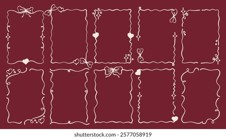 Vintage coquette frame with heart and star. Coquette style for valentine day and romantic design. Cute frame, wavy line and elegant bow. Vector illustration