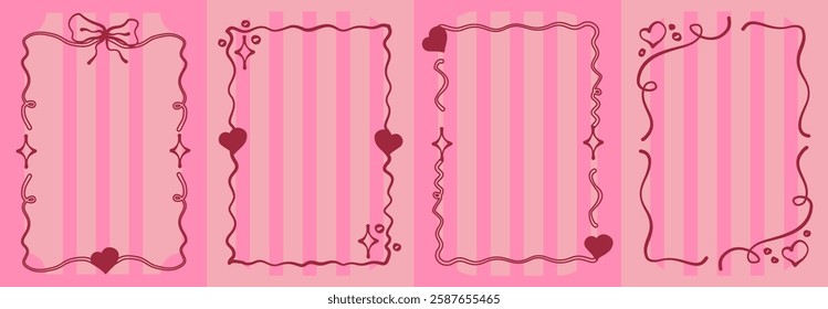 Vintage coquette frame with heart and star. Coquette style for valentine day and romantic design. Cute frame, wavy line and elegant bow. Vector illustration