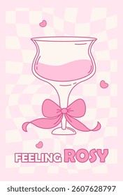 Vintage Coquette Glass Cocktail with Pink Ribbon Bow. Aesthetic Drink on Groovy Twisted Checkered Background. Romantic Girly Vibe. Vector illustration. Trendy vertical poster with Quote Slogan