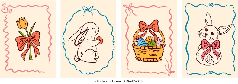 Vintage coquette greeting cards for Easter day. Hand drawn whimsical frames with bows and ribbons. Cute bunnies, flowers and basket and eggs. Hand drawn girly decoration. Whimsical vector illustration
