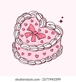 Vintage Coquette heart shape Cake illustration. Hand drawn pink retro Cake with Bow. Elegant vector clipart. Print for social media, designs, wallpapers, backgrounds, greeting cards, Valentine's day