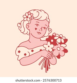 Vintage coquette illustration of a little girl with a bouquet of spring flowers. Romantic nostalgic mood. Elegant pastel tone line art for holiday greetings, wedding invitations or graphic emblems