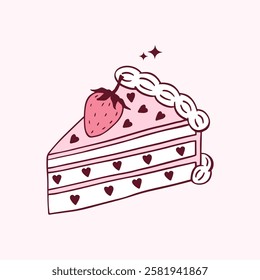 Vintage Coquette piece of cake  illustration. Hand drawn pink retro slice Cake with strawberry