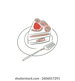 Vintage coquette piece of cake with strawberry clipart in line art. Sweet romantic cake with cream froasting and berries for wedding celebration. Vector bakery doodle icon.