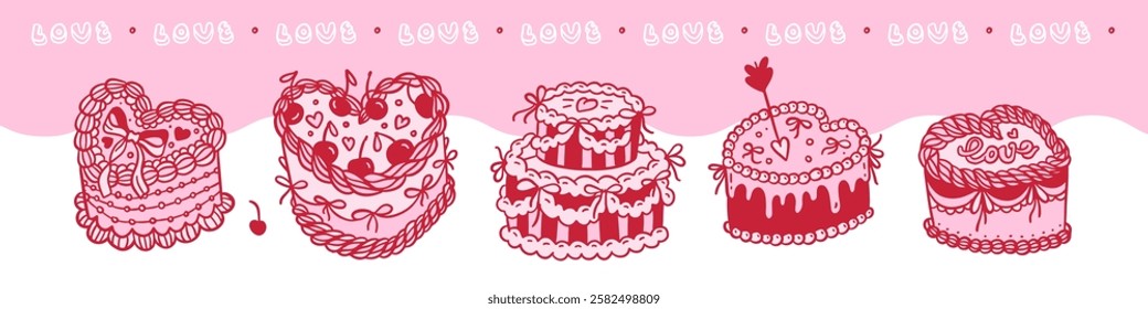 Vintage Coquette pink Cakes set in flat contour style. Vector hand drawn Illustration. Heart shape bakery desserts for Valentine s day.