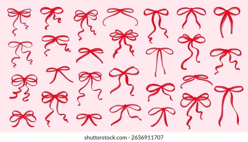 Vintage Coquette Red Bows in Hand-Drawn Whimsical Style Ribbon Set, Cute Flirtatious Bow Clipart Collection Perfect for Gift Illustration or Retro Vector Design.