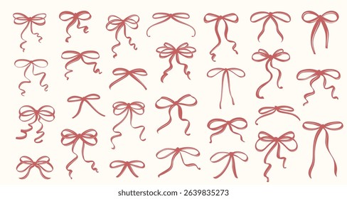 Vintage Coquette Red Bows in Hand-Drawn Whimsical Style Ribbon Set, Cute Flirtatious Bow Clipart Collection Perfect for Gift Illustration or Retro Vector Design.
